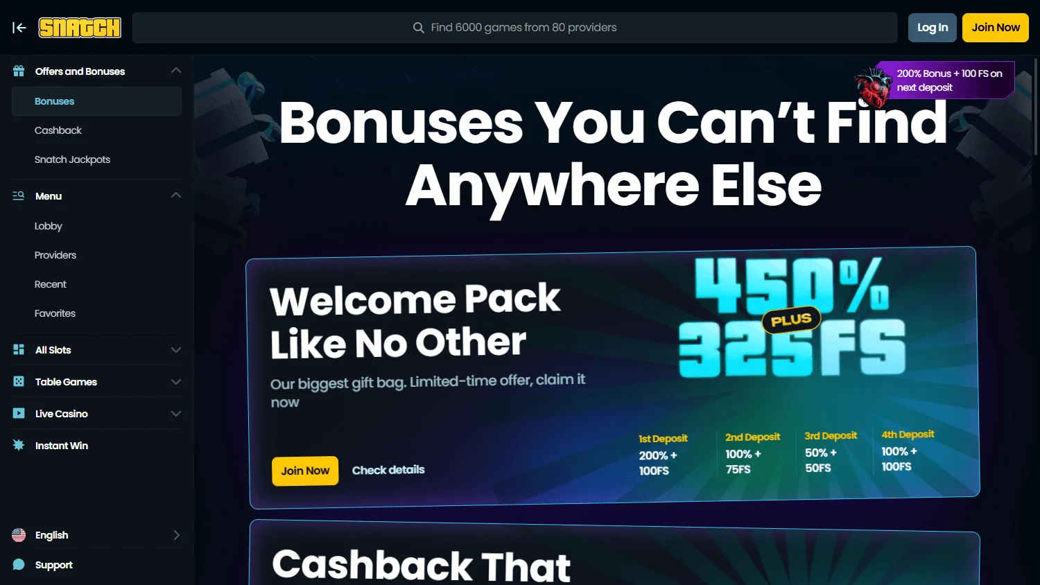 Snatch Casino desktop promotions area with bonuses and rewards