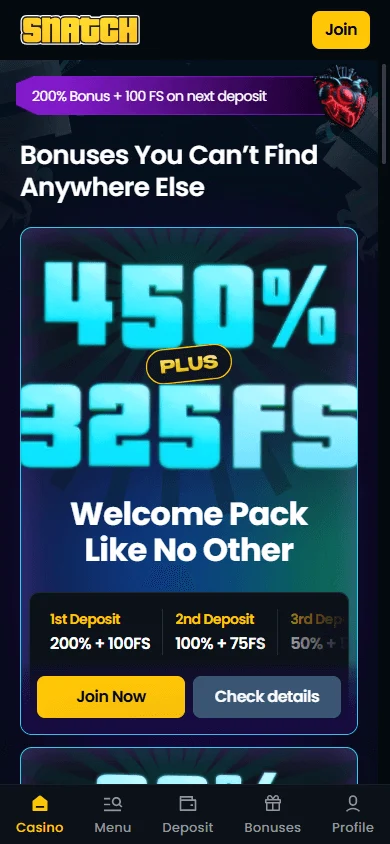 Snatch Casino mobile browser promotions area