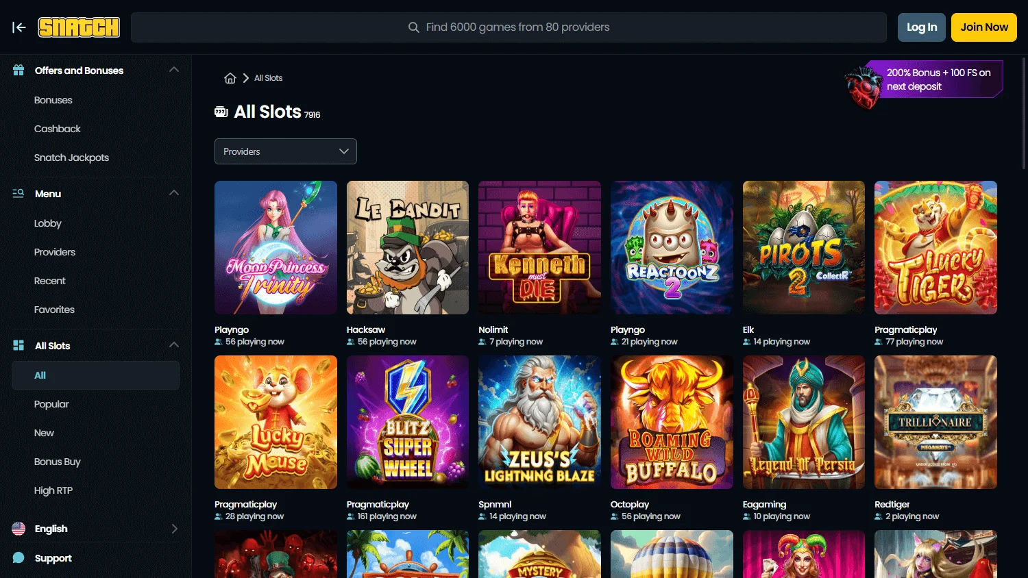 Snatch Casino desktop games area with casino categories