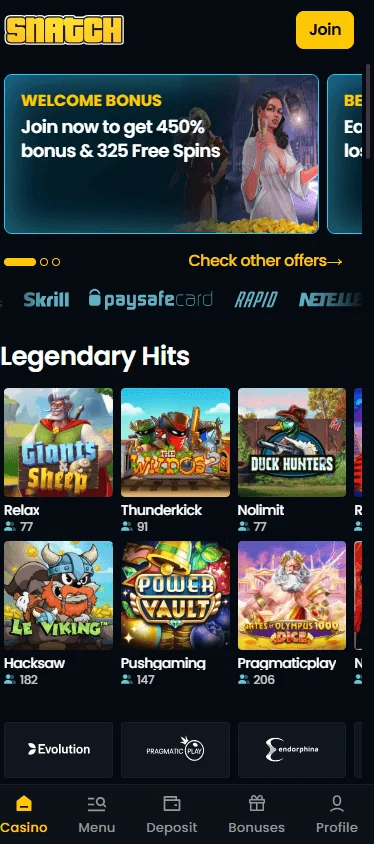 Snatch Casino mobile browser home screen