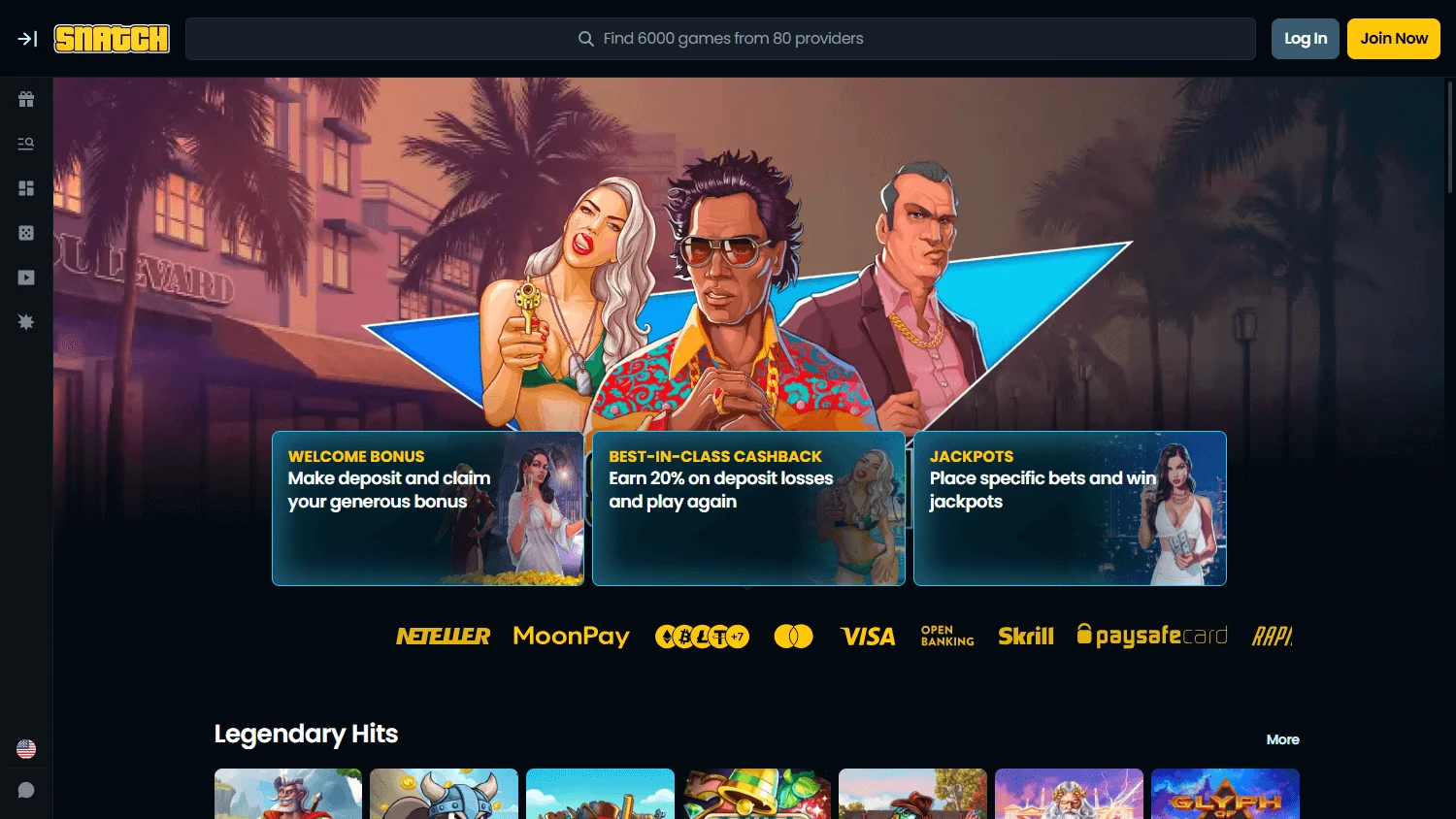 Snatch Casino desktop home screen for Australian players